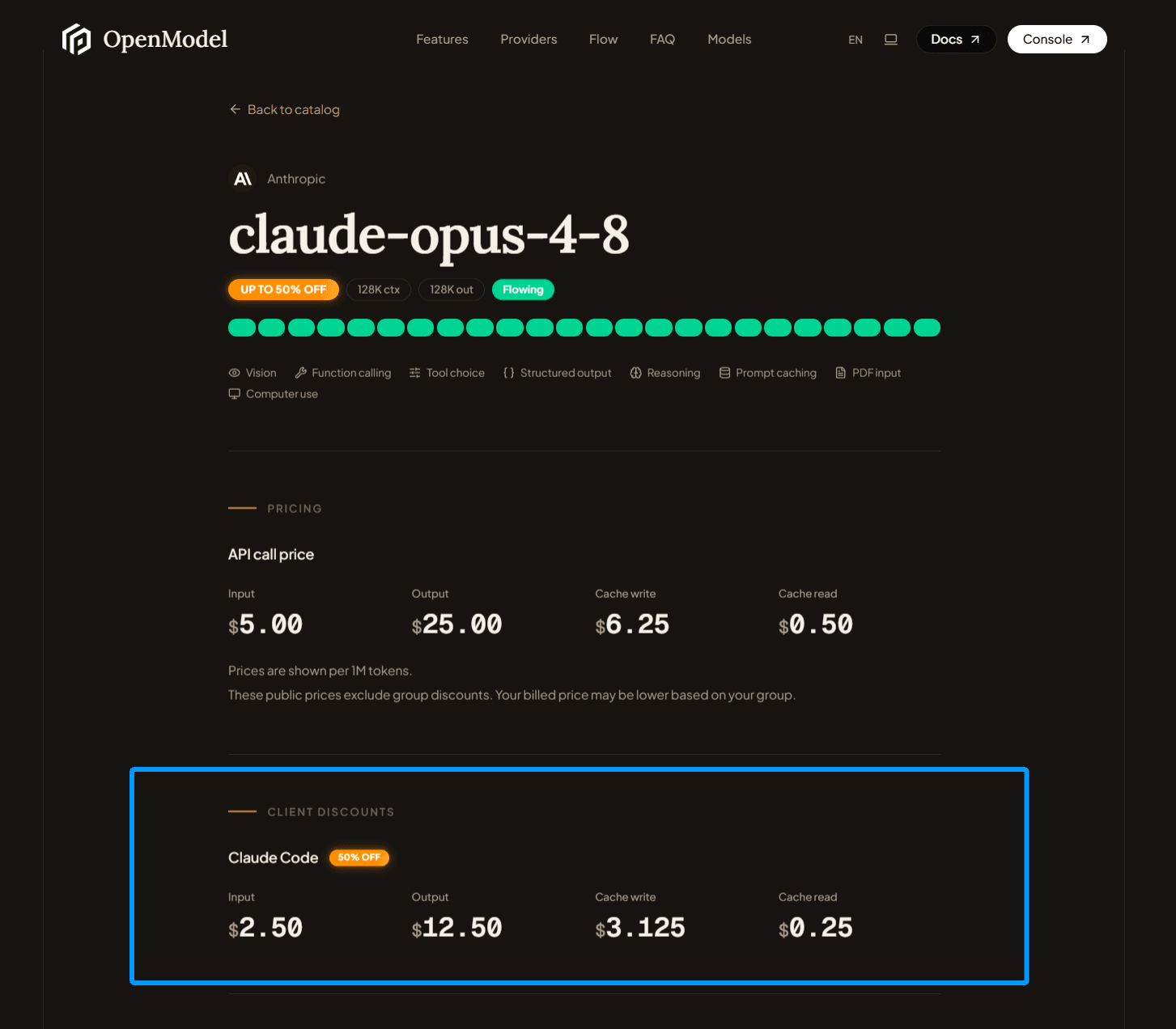 Client discount shown in the model details