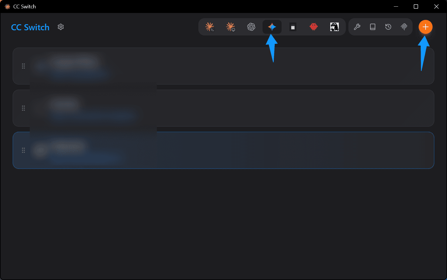 Open CC-Switch, select the Gemini CLI tab, and click Add