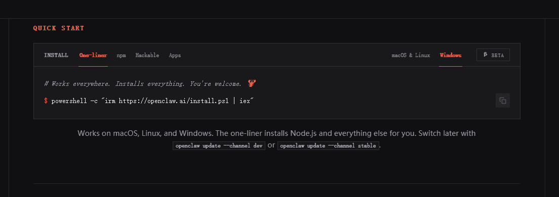 OpenClaw quickstart page showing installation options