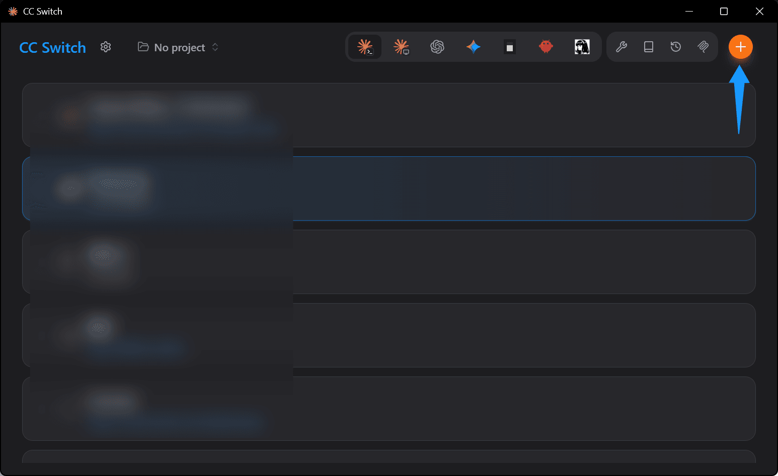 Open CC-Switch, switch to Claude Code tab, and click Add
