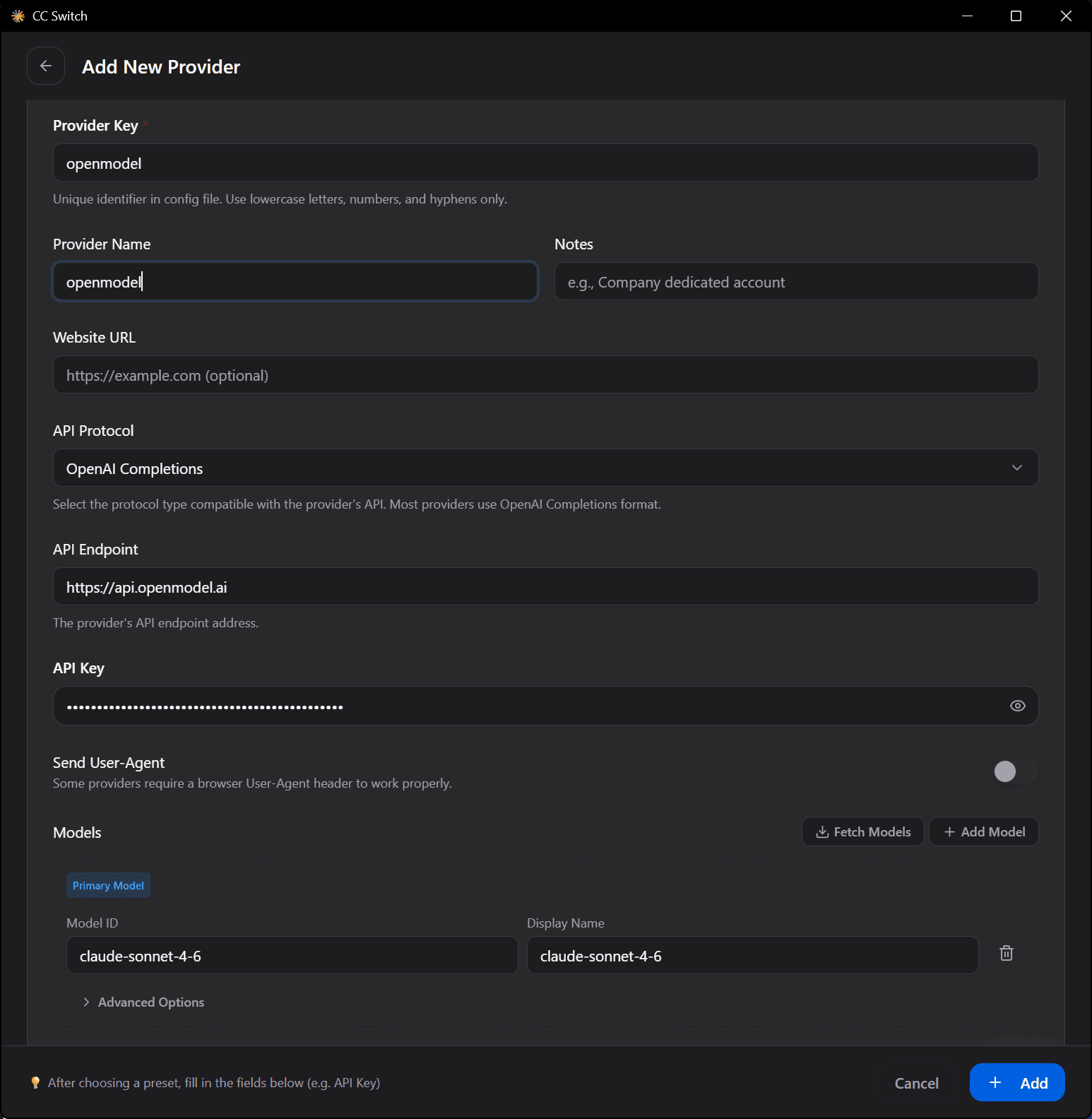 CC-Switch -- configure OpenModel as provider