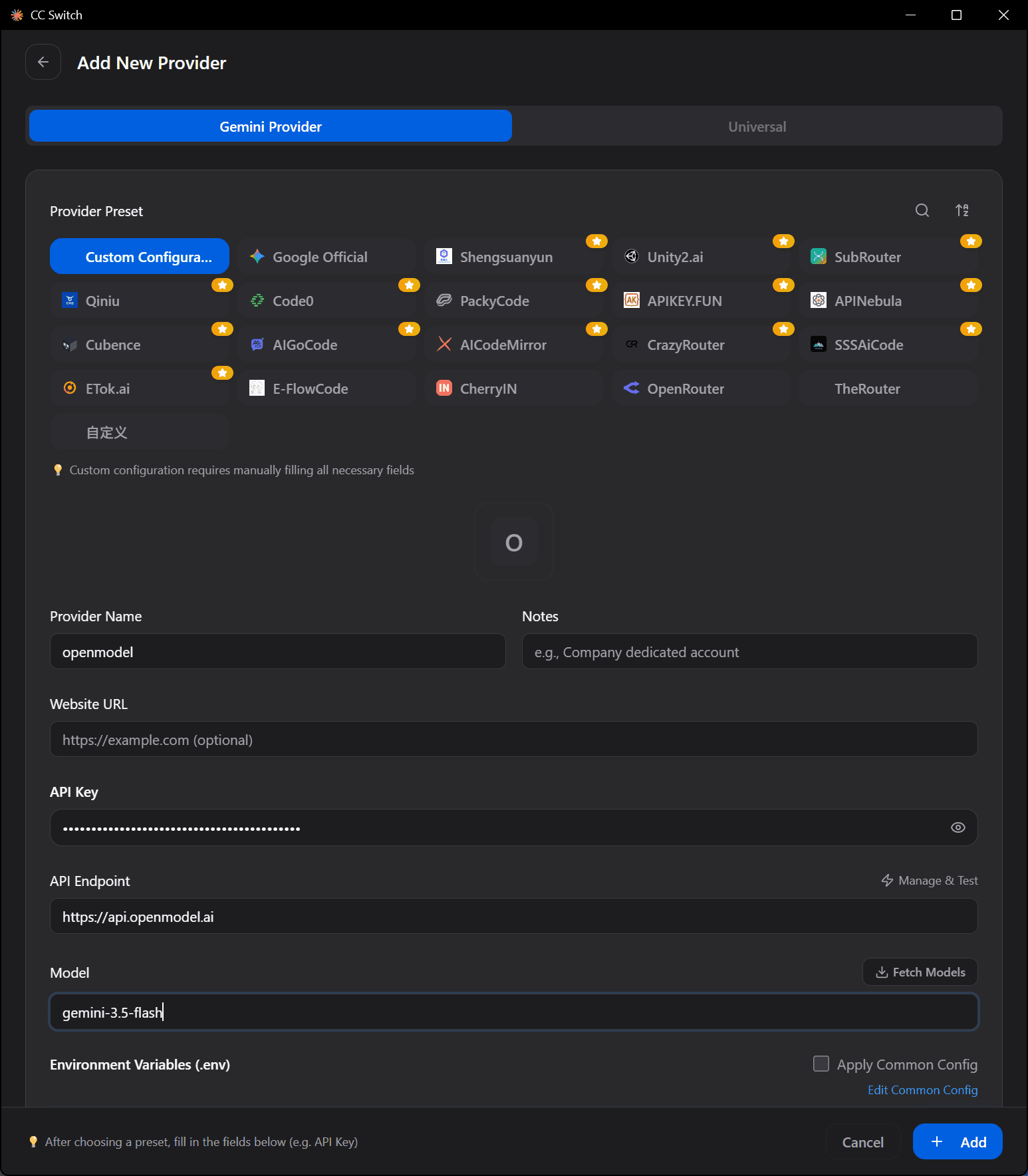 Fill in the API Key and Model fields in the editor, then click Save
