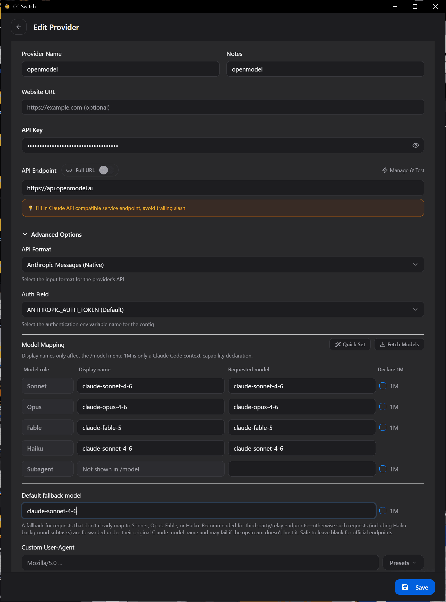 Configure API Base URL, API Key, and Model Mapping, then click Save