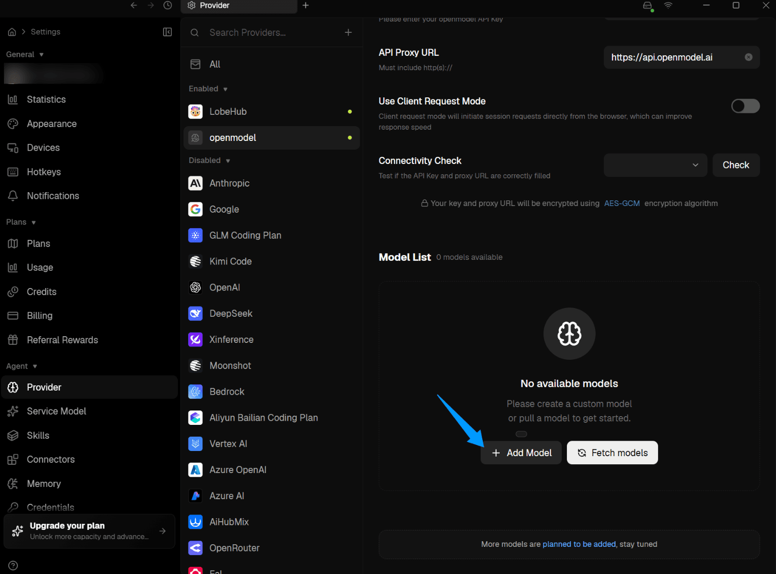 Select provider and click Add Model